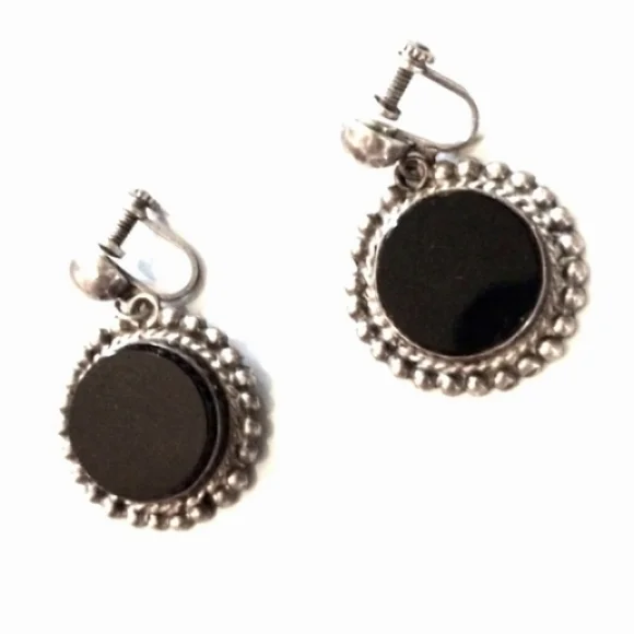 VINTAGE 50s ROUND BLACK ONYX STERLING SILVER .925 SCREWBACK 1" EARRINGS - Picture 1 of 7